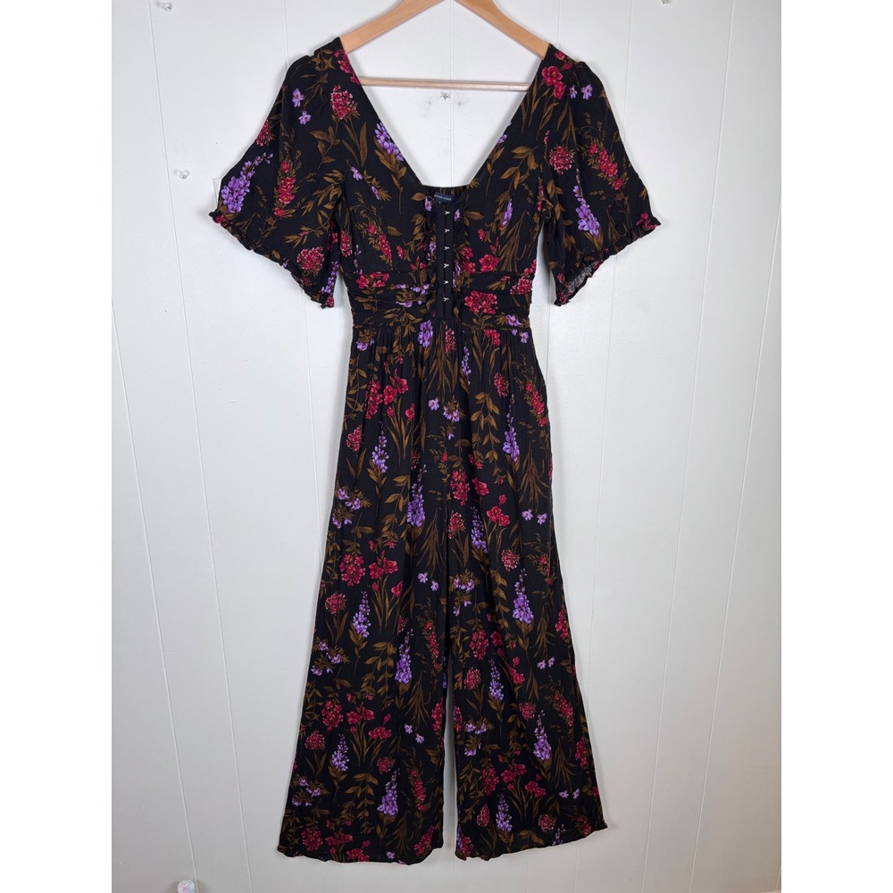 Y2K American Eagle Floral Jumpsuit Romper Wide Leg Hook & Eye Black Purple‎ Sz 0